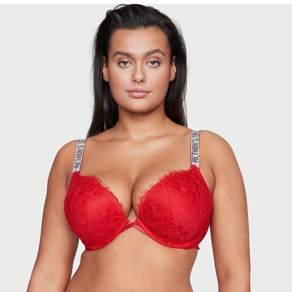 NWT Bombshell Add-2-Cups Lace Shine Strap Push-Up Bra Lipstick Red 32A
